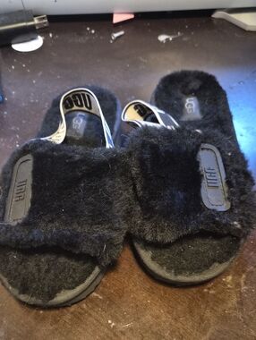 UGG Black Fuzzy Slide Sandals with Branded Heel Strap